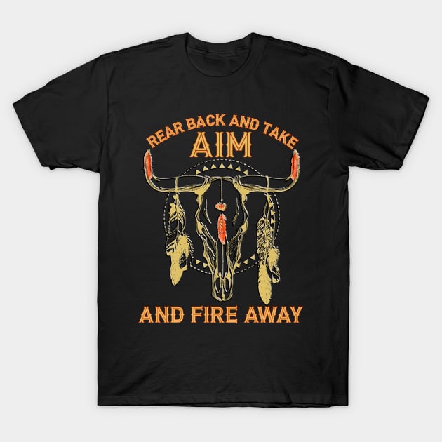 Vintage Rear Back And Take Aim And Fire Away Bull-Skull With Feather T-Shirt by masterpiecesai